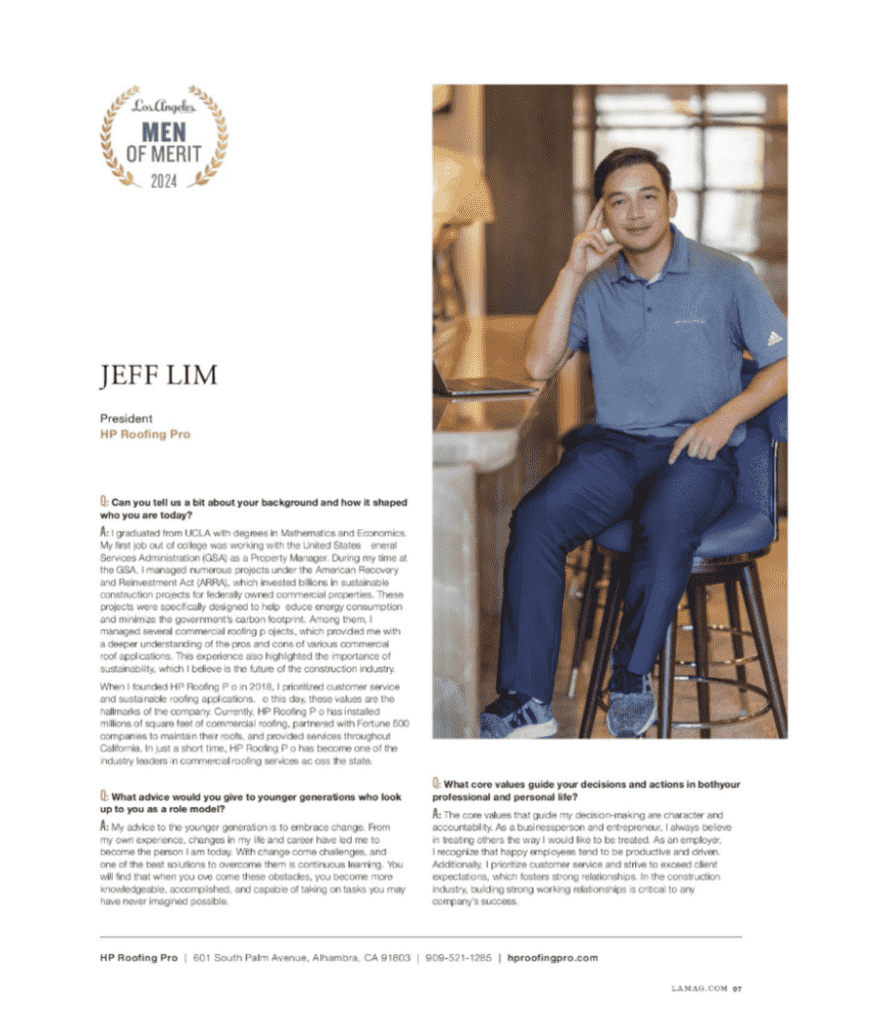 HP Roofing Pro founder Jeff Lim, an LA Magazine Man of Merit